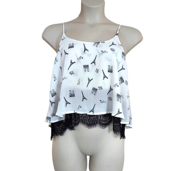 Timing Women's Mixed Media Black Lace Layered Graphic Sleeveless Crop Top - Picture 1 of 6